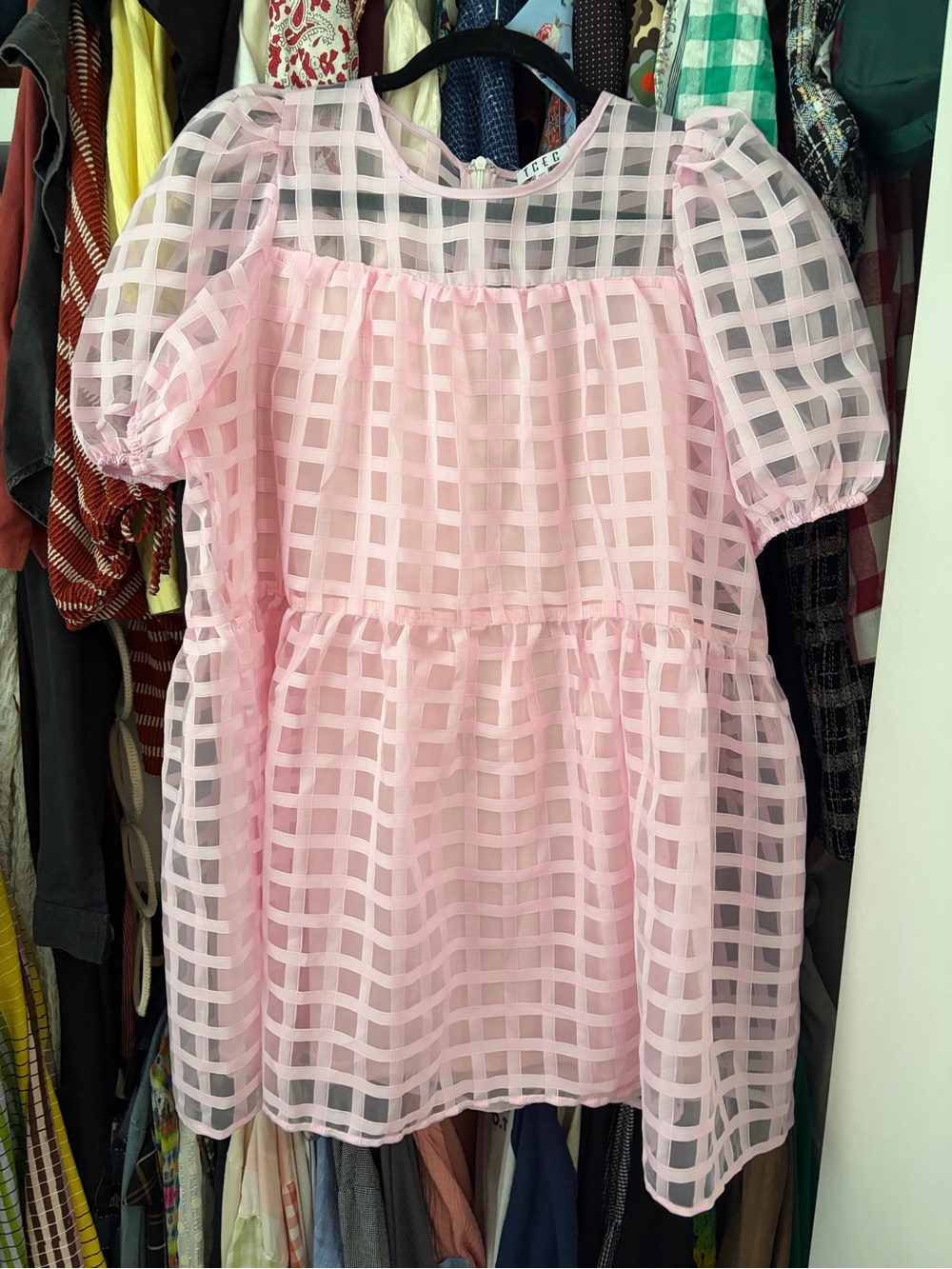 TCEC Light Pink Checkered Sheer Mini Dress